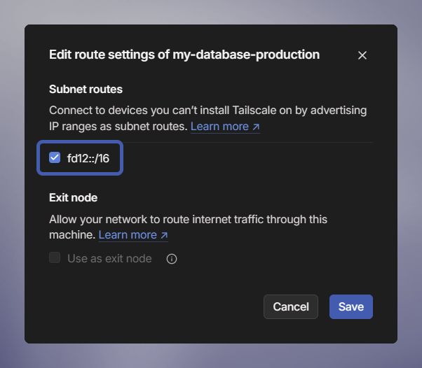 screenshot of the edit route settings in tailscale showing our route being accepted