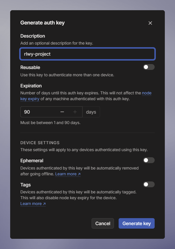 screenshot of the generate auth key modal in tailscale