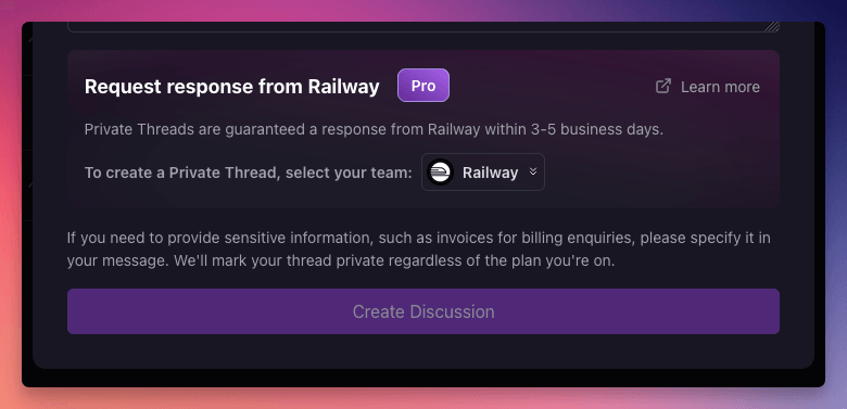 Screenshot of creating Private Threads in Railway Help Station